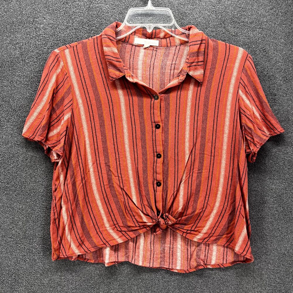 Rewind‎ Top womens XXL Red Coral Button up Front Striped Crop Blouse